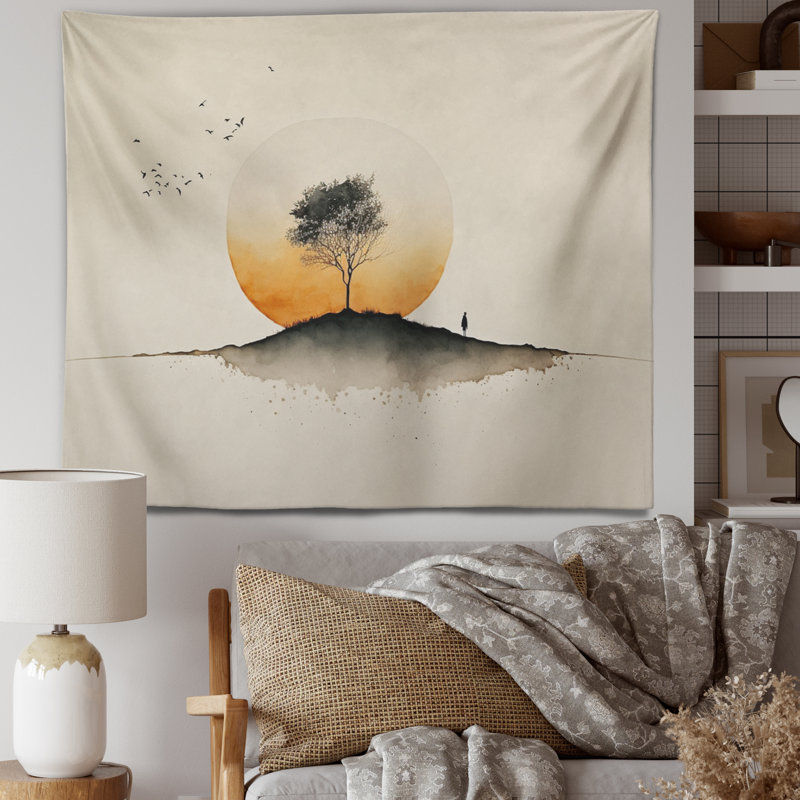Lonely Green Watercolor Tree At Sunset Polyester Tapestry, 32" H x 39" W