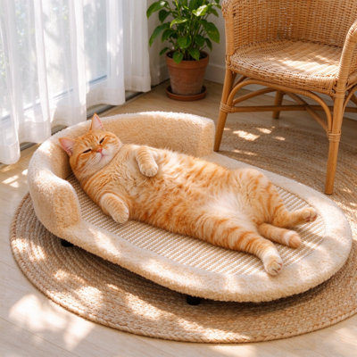 Elevated Bolster Cat Sofa Bed, 22.83in x14.96in Teddy Plush Cat Couch Bed for Senior Cats