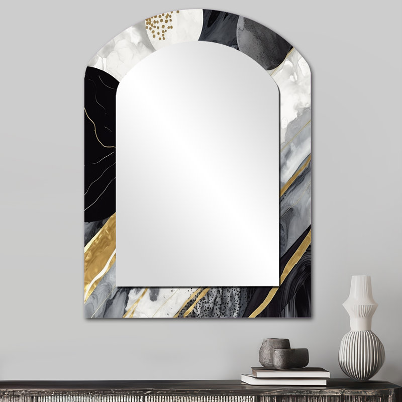 «Black Gold Fusion of Marble I» - miroir asymétrique en marbre, miroir mural décoratif arqué noir, impression d'art en métal