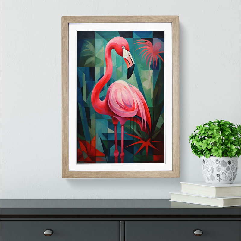 Flamingo Cubism No.2 - Single Picture Frame Print on Wood, 34cm H x 25cm W x 2cm D, Oak