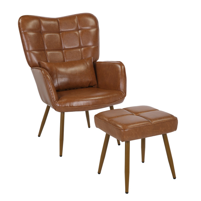 Chaise avec accoudoirs larges 28 po avec tabouret Lakara, Similicuir brun