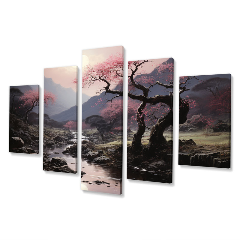 Silhouette de cerisier en fleurs - ensemble d'art mural multi-panneaux