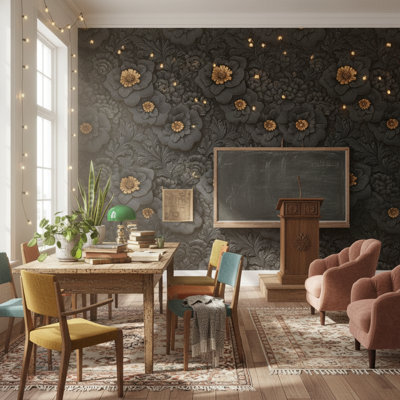 Papier peint floral, murale noire, décoration murale dorée