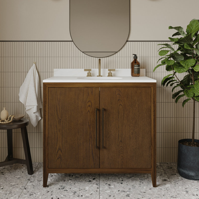 Alsup 36" Single Sink Vanity With Calacatta Gold Quartz Countertop, Brown, 36"