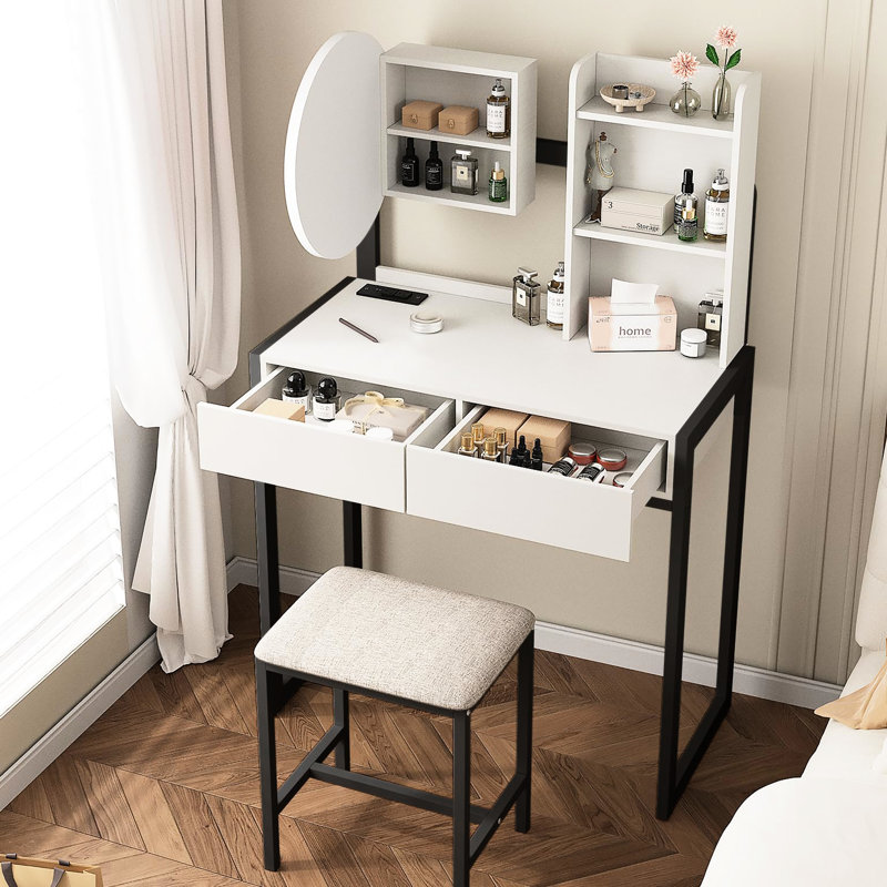 Bureau de meuble-lavabo de chambre à coucher, miroir intelligent à 3 lumières, prise de courant avec tiroir, tablette ouverte, meuble-lavabo à siège confortable, prise de courant,