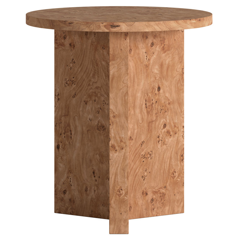 Potbelly Round End Table with Cross Base, Honey Burl