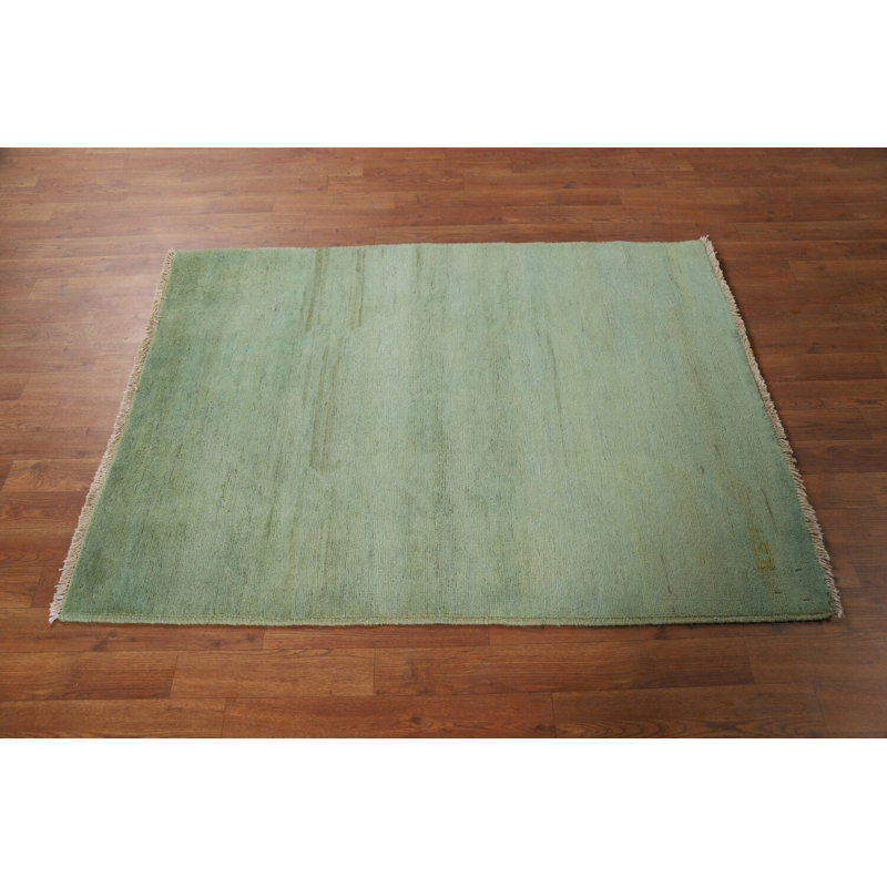 Tapis en laine vert fait à la main style Gabbeh moderne 4 x 5