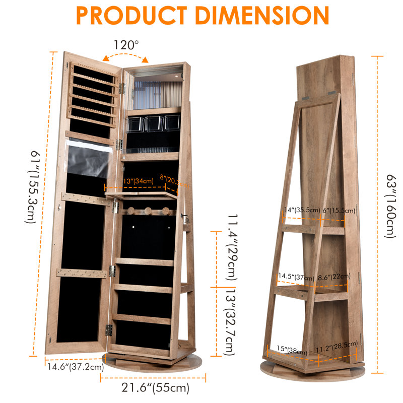 21.6'' Wide Freestanding Jewelry Armoire, Brown