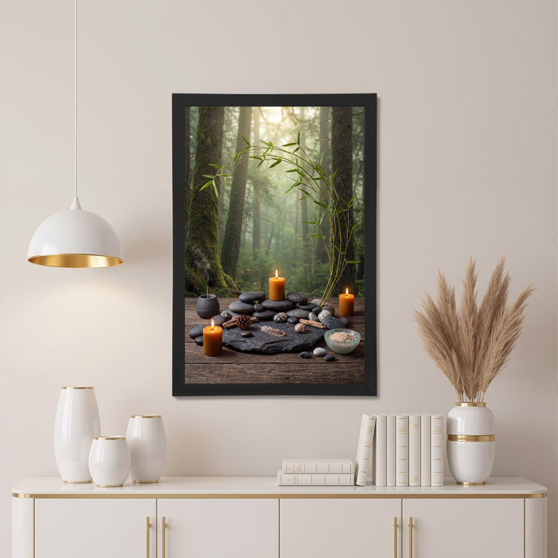 Art mural sur toile Stacked Stones Bamboo and Candles in Misty Woods, 36"H x 24"W