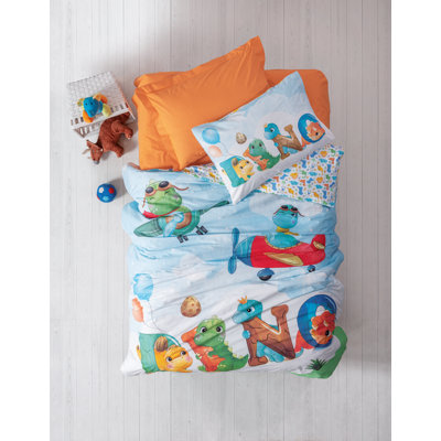 Ensemble de housse de couette 100% coton Ranforce Young, orange, bleu, rouge et vert | Housse de couette 63 x 87, drap plat 71 x 94, taie d'oreiller 20 x 28 | Lavable à la machine, enveloppe et fermeture à boutons, douce et durable, parfaite pour les chambres d'enfants