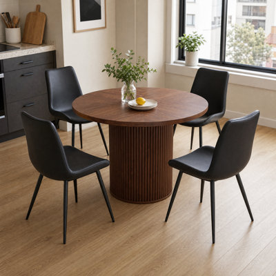 5-Piece Round Walnut Dining Table Set with Hidden Storage Pedestal