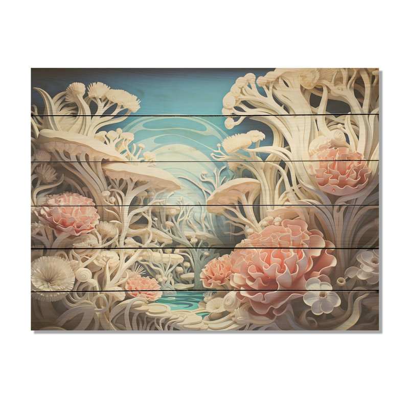 Collage de corail anémone de mer - corail côtier sous l'eau, art mural sur bois de pin naturel, H 30 po x l 40 po