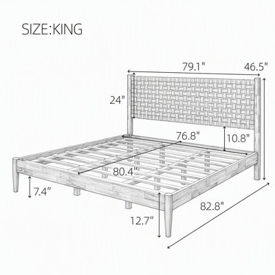 Solid Acacia Wood Platform Resch with Hand-Woven Vegan Leather Headboard, Mid-Century Modern Style, No Box Spring Needed