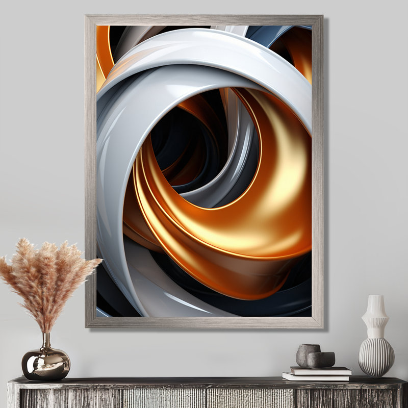 Liquide blanc et orange abstrait tourbillon minimal sur toile, H 32 po x l 24 po x P 1 po, Cadre doré simple