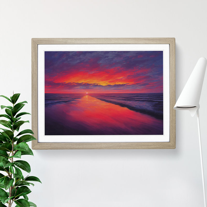 Lush Ocean Sunset - Single Picture Frame Painting, 46cm H x 64cm W x 2cm D, Oak
