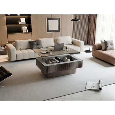 Table basse d'appoint cannelée en bois massif avec placage en bois massif