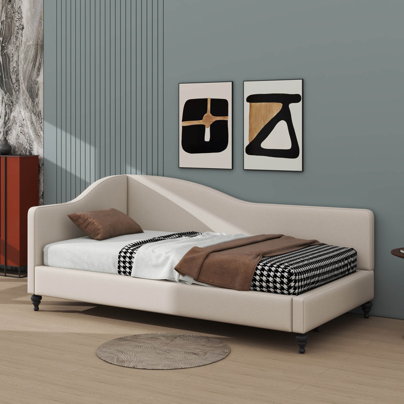 Stylish L-Shaped Flax Daybed On Sturdy Wooden Legs, Twin, White