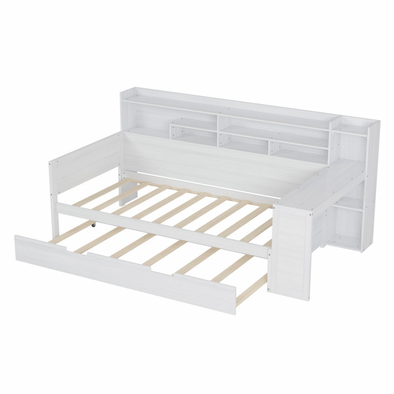 Wooden Daybed Frame With Storage Shelves, Trundle Bed And Study Desk, Twin, Antique White