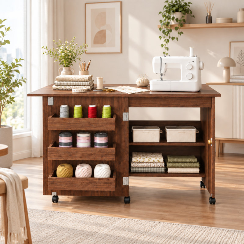 Table de couture pliante AltaTrace 5-en-1 avec rangement et roulettes verrouillables, poste de travail, bureau d'ordinateur, table de bout et armoire de rangement, aspect noyer brun