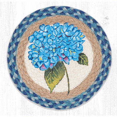  Tapis de jute tressé 10 po x 10 po avec motif d'hortensias bleus