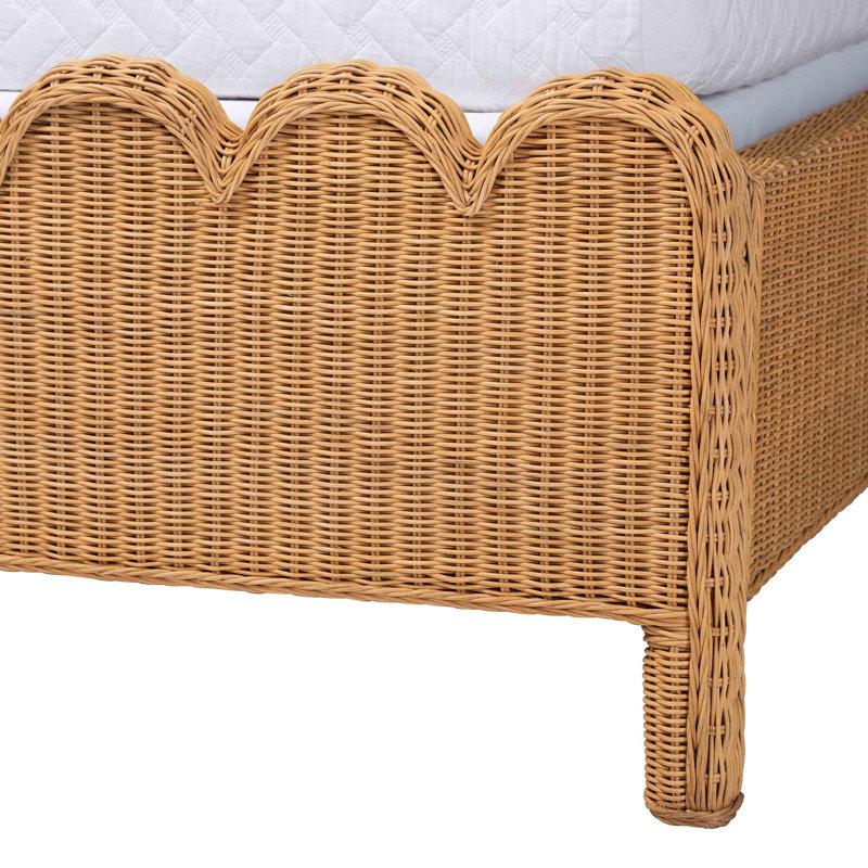 Bali & Pari Maritza Scalloped Natural Rattan Bed Frame - Handwoven Wicker Headboard And Footboard With Decorative Edge Detail, Boho Coastal Style For Bedroom, Queen
