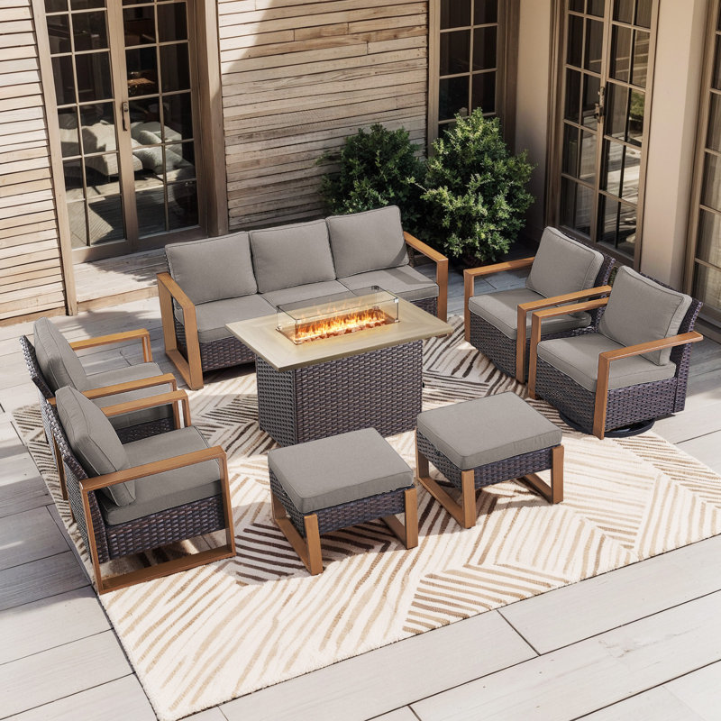 Aldiana 8-Piece Outdoor Conversation Set With Swivel Gliders And Fire Pit Table, 9-Person Wicker Patio Seating With Sofa, Armchairs & Ottomans