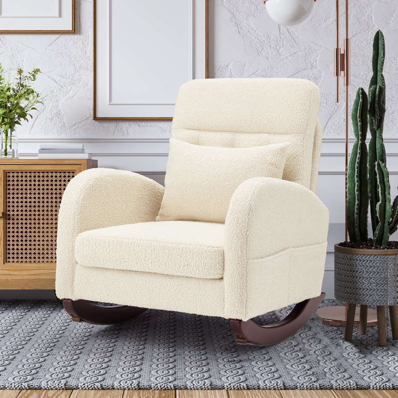 Beige Teddy Fleece Rocking Chair with Solid Wood Base