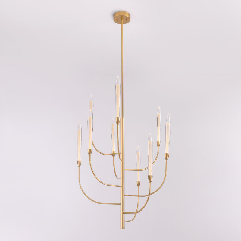 Lustre intégré en laiton à 9 lumières DEL VidaLite Alina, lustre suspendu de style moderne et contemporain, abat-jour en cristal, effet sable texturé, bras rotatifs, longueur de suspension réglable