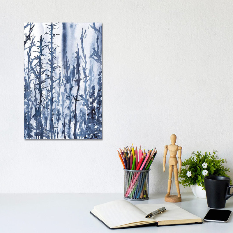 Arbres mystérieux bleus, paysage aquarelle, H 12 po x l 8 po x P 0,75 po, Pas de tapis, Toile tendue