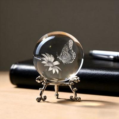 Whimsical 60mm 3d Butterfly Sunflower Crystal Ball With Stand