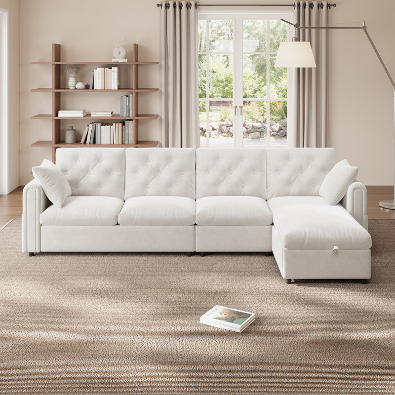 4 Seater Velvet Corner Sofa, Beige Velvet