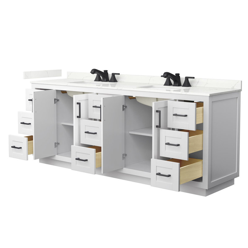 Miranda 84" Freestanding Double Bathroom Vanity with Quartz Top, Giotto Quartz, White, Matte Black