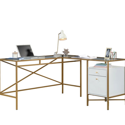 Bureau blanc en forme de L avec un design moderne et un plateau en verre élégant, une surface spacieuse pour un ordinateur portable, un bureau à la maison parfait, des bureaux ou des jeux, des glissières d'extension à deux tiroirs