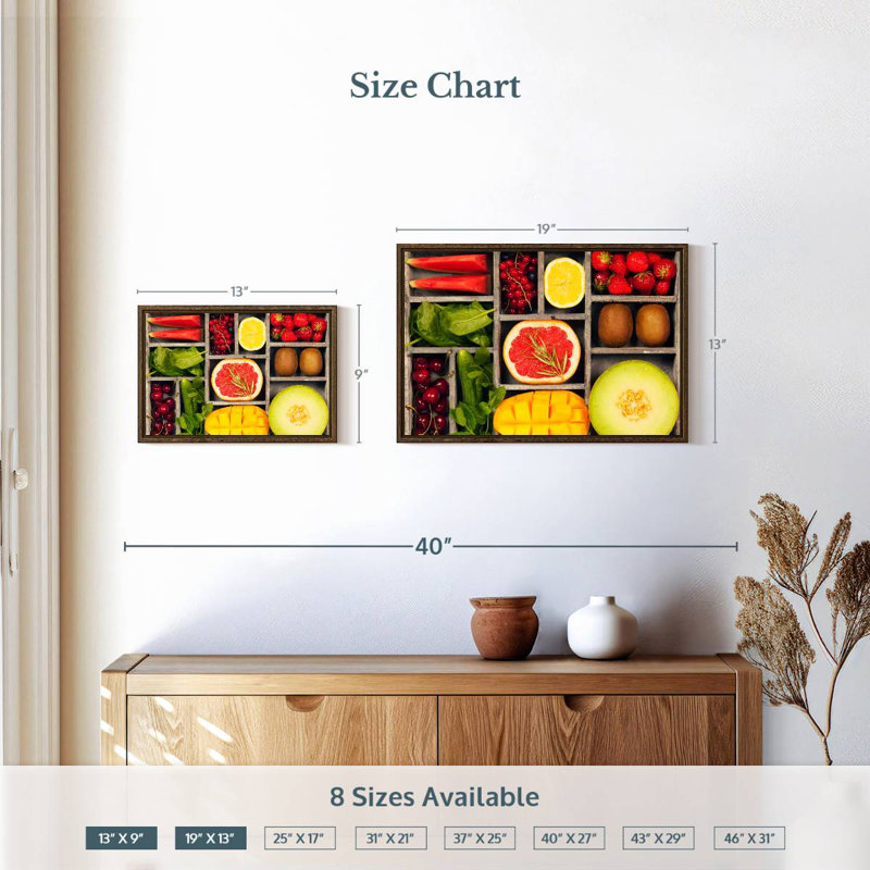 Bento légumes et fruits, 19 po x 13 po, Cadre flottant en noyer