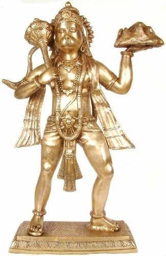 Handcrafted Brass Lord Hanuman Idol with Sanjivani Mountain, 24 in. H     Hindu Deity Statue for Home Altar & Meditation Room