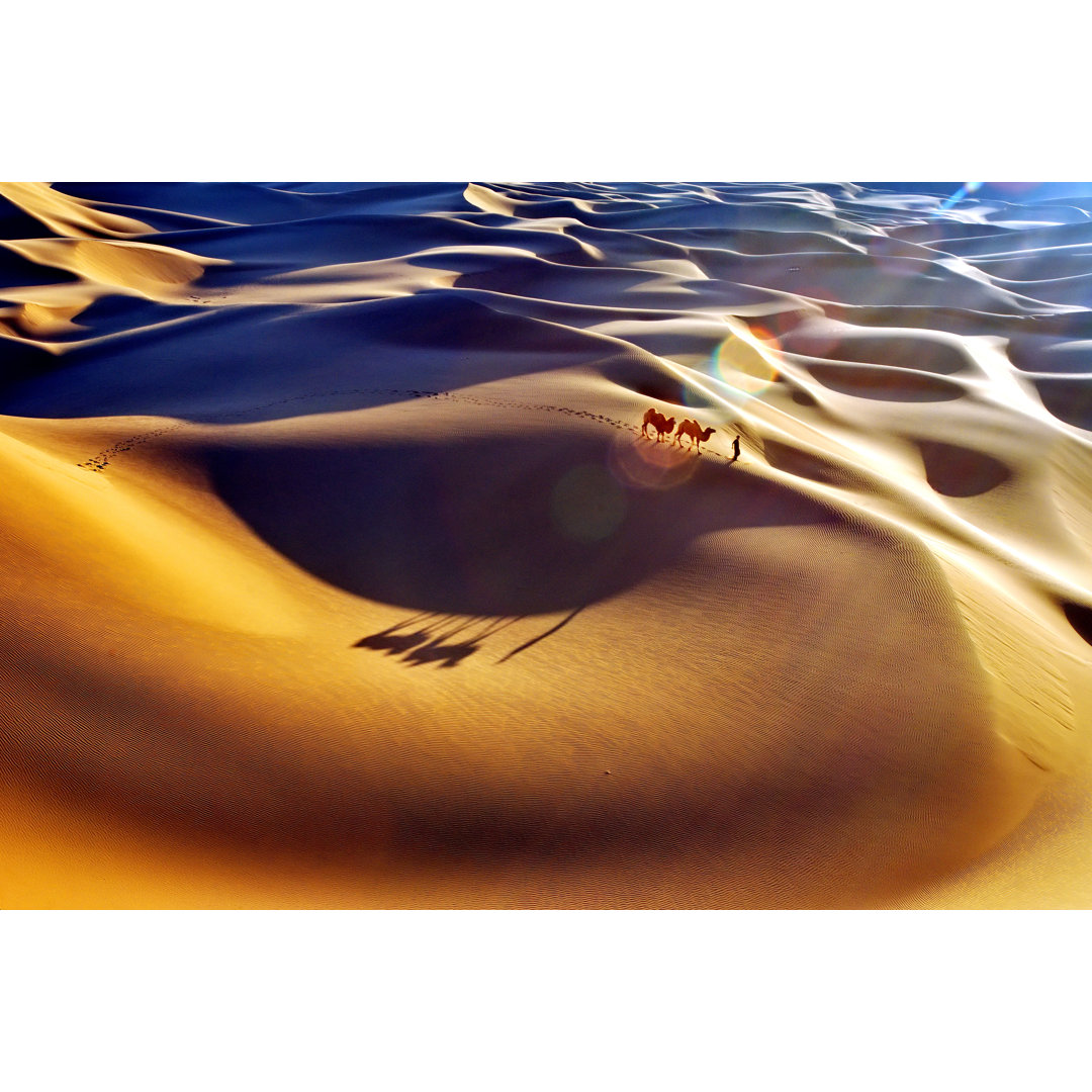 Desert Landscape With Walking Camels At Sunrise by ArkXp - Wrapped Canvas Print