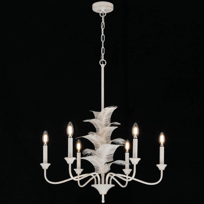 6-Lights Dimmable Ceiling Chandeliers with Leaf, Antique Distressed White