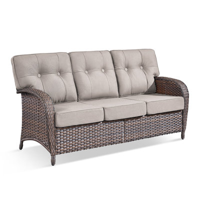 Patio Outdoor 3-Seat Sofa, Outdoor Conversation Furniture, All-Weather Rattan Couch With Cushion