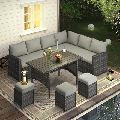 7 Piece Outdoor Patio Furniture Set With Fire Pit Table Sectional Sofa Conversation Set 