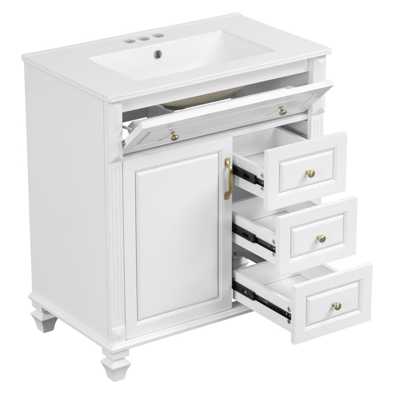 Meuble-lavabo autoportant 30 po avec lavabo en céramique et 3 tiroirs, Blanc