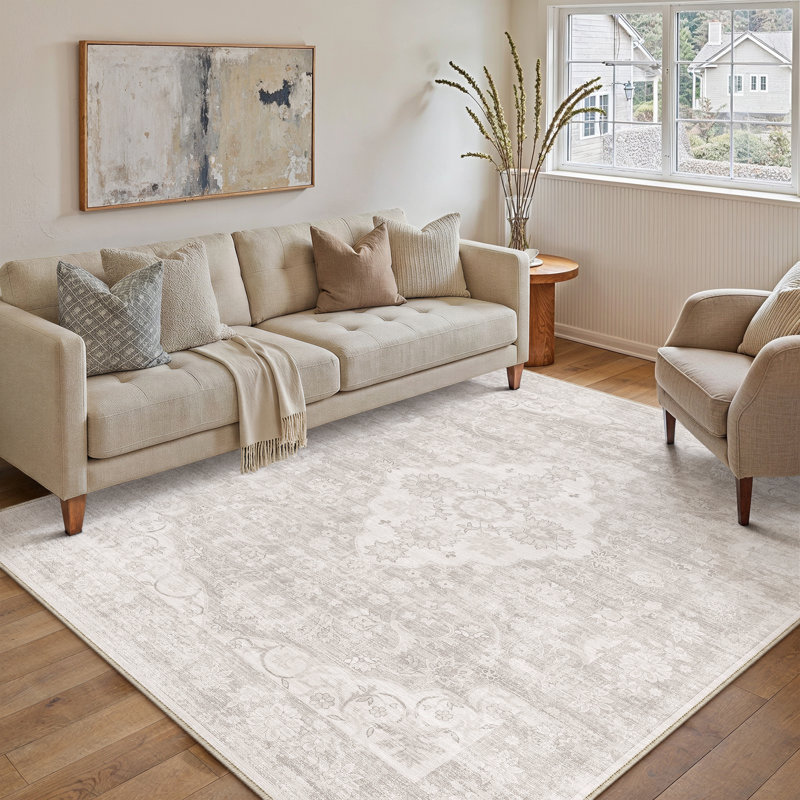 Tapis Elora Vintage Medallion lavable à la machine avec envers antidérapant beige, Beige, Rectangle 3 pi x 5 pi