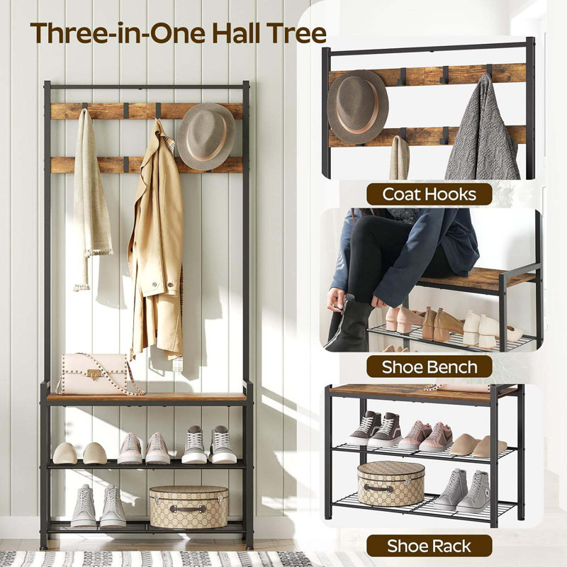 Coat Rack With Shoe Bench, Entryway Bench With Shoe Storage, Multifunctional Entryway Storage Organizer, Metal Frame And 8 Movable Hooks, For Hallway, Rustic Brown