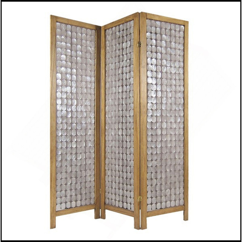 Paravent 3 panneaux en bois avec motif de perles, brun et argent