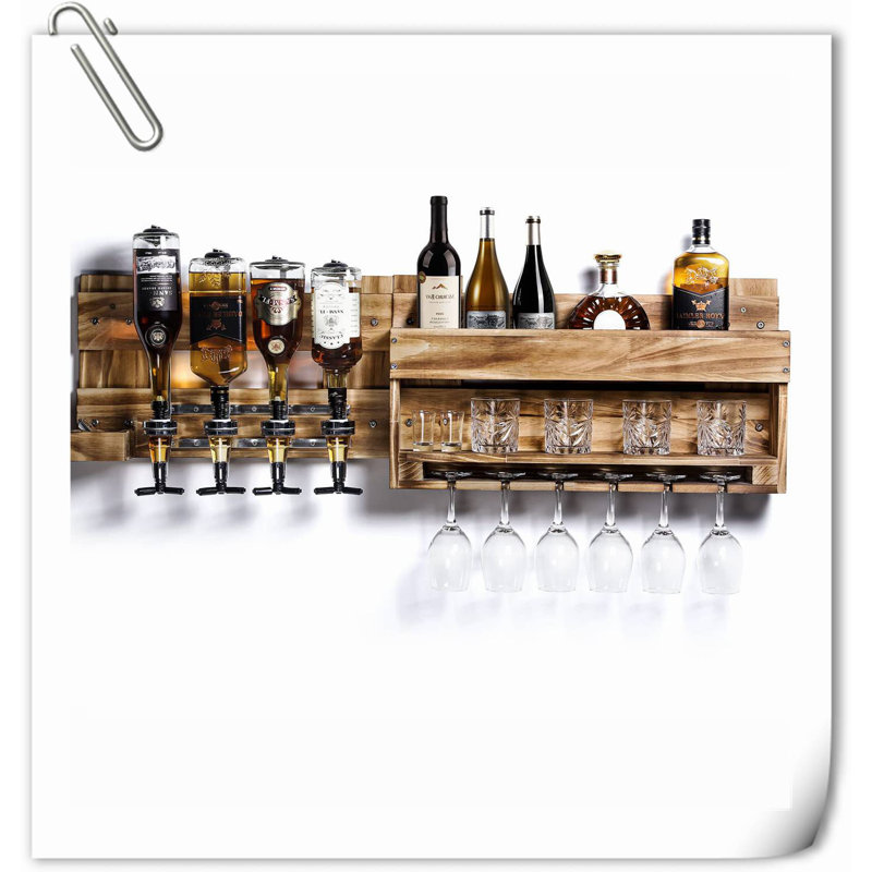 Wine Rack Wall Mounted Wood Shelf with Bottle Stemware Holder Storage Rack with 4-Bottle Dispenser