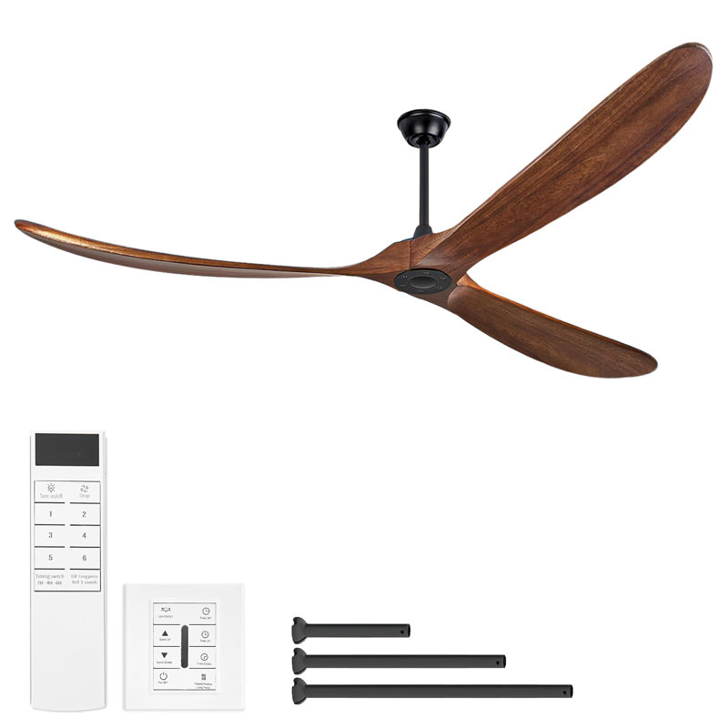 Ventilateur de plafond en bois massif de grande taille (88 pouces) sans éclairage, avec interrupteur mural et télécommande.