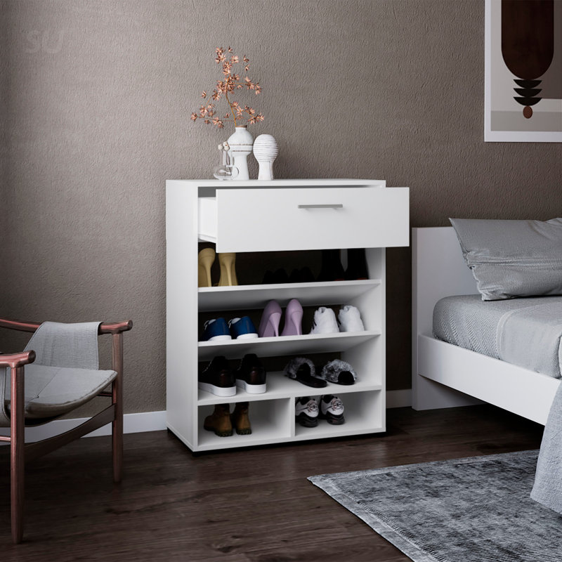 Range-chaussures à 3 niveaux avec un tiroir et cinq tablettes, parfait pour un rangement de chaussures organisé et élégant
