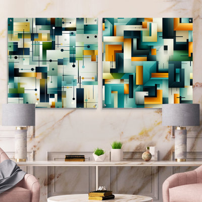 Green Cubic  Oasis Geometric - Abstract Geometric Acrylic Wall Art Glass Set Of 2