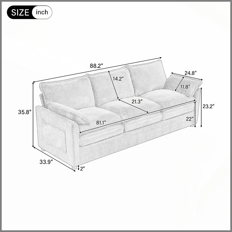 Canapé moelleux rembourré 88,2 po Modern, H 35,8 po x l 88,2 po x P 33,9 po, Beige