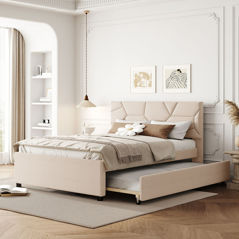 Lit plateforme tapissier avec lit gigogne, Beige, Double