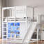 Lit mezzanine en bois avec garde-robe, tablettes de rangement, glissoire et éclairage à DEL